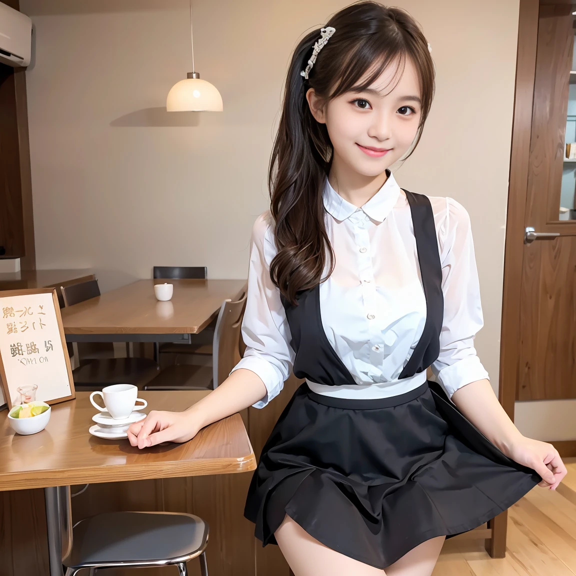 highest quality、8K、pretty girl、slightly slender girl、Spiteful eyes、smile、Please take a picture of your whole body、Maid clotheaid Cafe、mini skirt、beautiful feet