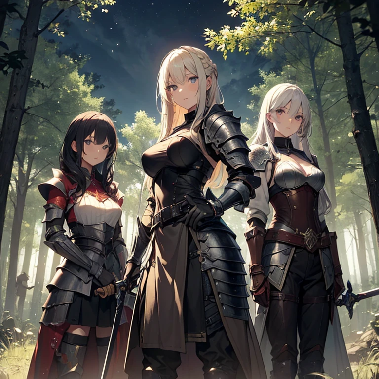 A group of  female knights, (in forest), various hair styles, harem, wearing armored clothes, metal armor, night, details face, trousers, seducing, sword,