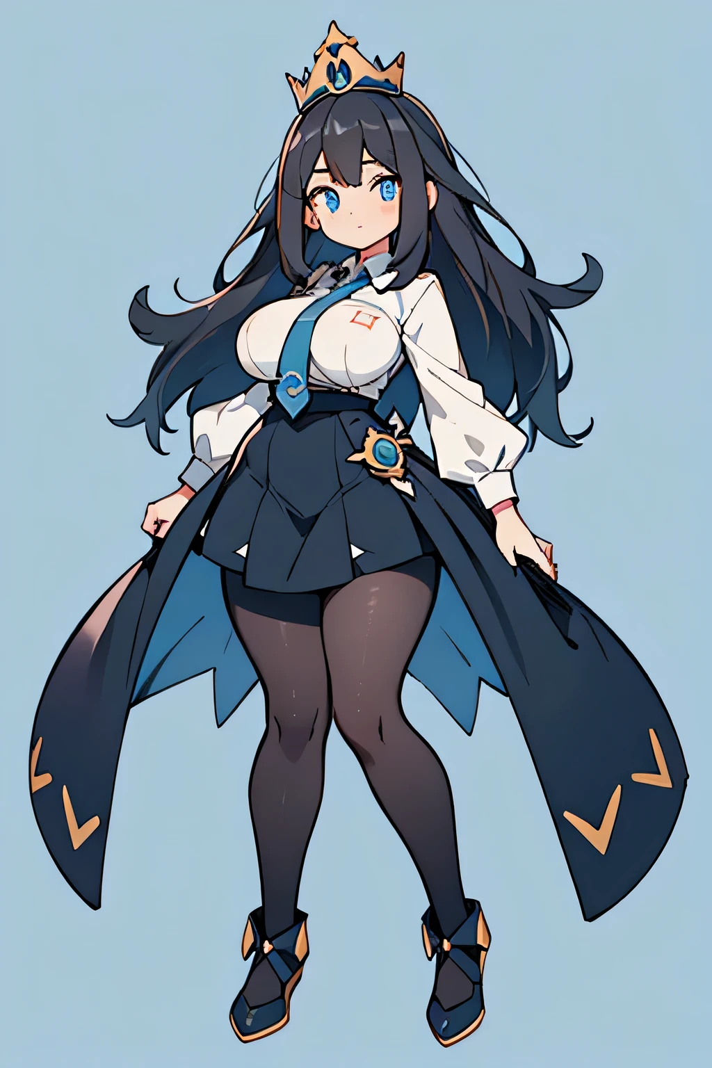 Human Empel Pokemon; big breasts;full body;Outfits inspired by Empelt Pokemon;female;black clothes;black hair;blue eyes;light blue tie;crown;No background;background white;Female King;thick thighs;black tights