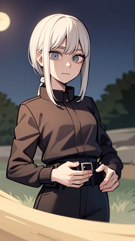 Masterpiece, Best quality, High accuracy, 1girl, Single, Kocho Shinobu, Light blue eyes with Sharingan , White hair, long hair , Parted bangs, Black pants, Black jacket, robin&#39;s hair, Akama, Kunoichi, M. Long, belt,, forest, a night, Moon, calm smile, Naruto 