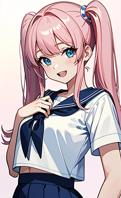 (masterpiece、top-quality、8k size wallpaper、offcial art)、(portrait,upper body)、(1girl),Open mouth happy grin,cute face,blue eyes、twintails、
,(stand),
,(sexy body),(sailor uniform,skirt),(long pale pink hair), (small breasts)、
、classroom,JK、