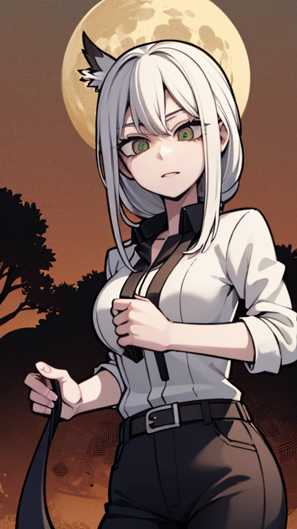 Masterpiece, Best quality, High accuracy, 1girl, Single, Kocho Shinobu, Sharp, light green eyes with a Sharingan , White hair, long hair , Parted bangs, Black pants, Black jacket, robin's hair, Akama, Kunoichi, M. Long, belt,, forest, a night, Moon, calm smile, Naruto