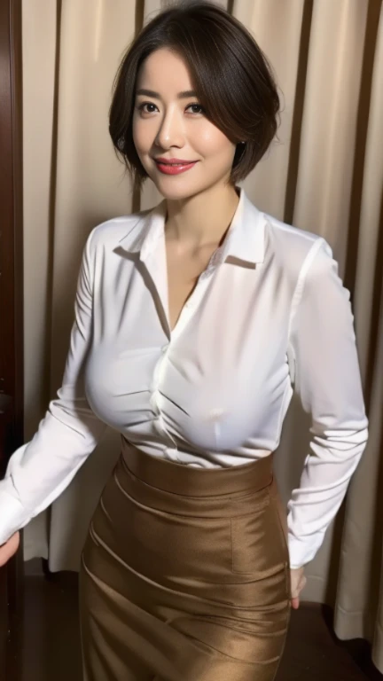((highest quality, 8K, masterpiece, portrait: 1.3)), (looking at the viewer), (full shot:0.85), attractive business mature woman, 1 person, a little chubby:0.4,brown medium hair、 white collared shirt, gray tight skirt,((big breasts 2.3)) (big pelvis:0.9), ((Are standing)), smile:0.2,,good posture、gentle smile、living room at home、