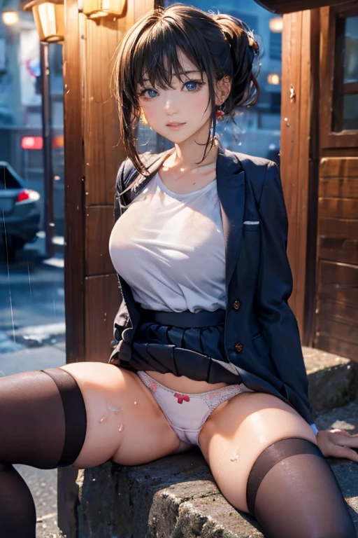 High-definition images, atmospheric perspective, 8K, Super detailed, Accurate, highest quality, anime background, 1 female, (ecstasy face), (droopy eyes), (blush), (sleepy), Exquisitely designed pastel striped panties, (Her wet panties are digging into her crotch.), Draw pants with super precision), ((showing off her panties)), spread legs, open your mouth, gray suit, ((swollen areola)), A country boy in ugly clothes, Thigh-high stockings, hair up, Strange pose, outside, straddle, night, in the rain,Sweat