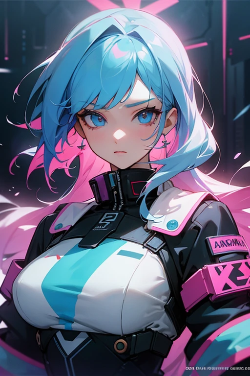 2d idol girl, big bust, cyberpunk, 1 woman, digital, animated film메이션, shot, animated film메이션 여자, animated film, singer, upper body