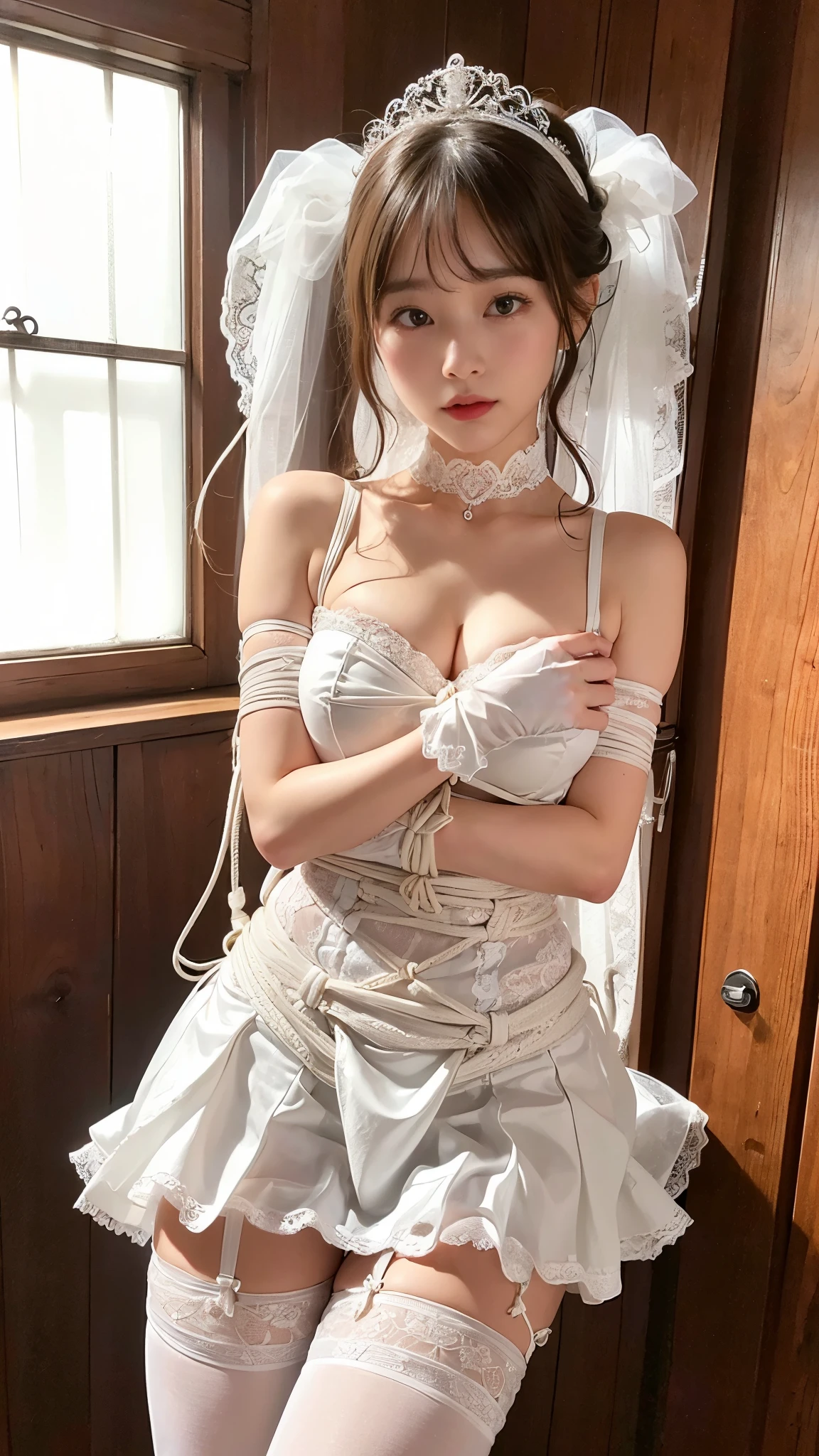 ((NSFW)), ((1.woman, alone)), Highly detailed CG Unity 8K wallpaper、highest quality、Super detailed、masterpiece、realistic、Photorealistic highly detailed cute girl、(25 years old)、blush、round idium chest、胸のvalley間、semi body shot、white wedding dress、valley、Hotel、(White Princess Line Wedding Dresser Tiara、white choker、white lace gloves、white pantyhose:1.2),(white skirt、beautiful embroidery、White lace garter belt:1.2),Beautiful Necklace、The whole body is reflected、look straight ahead、teach by mouth、enchantment、sad expression、ecstatic face、how、spread your legs wide、Please show me your pantyhose and face-to-face sitting position.、The whole body is reflected, ((shibari:1.5)),((bondage:1.4))、(Tied up with rope in an old Western-style building:1.5), (sexy pose:1.5), (restrained and deprived of freedom:1.5), ((Sensational gaze:1.2)), The rotor is inside the vagina, ecstasy face, climax expression, view from the side, View viewer, ((I can not stand it:1.5))