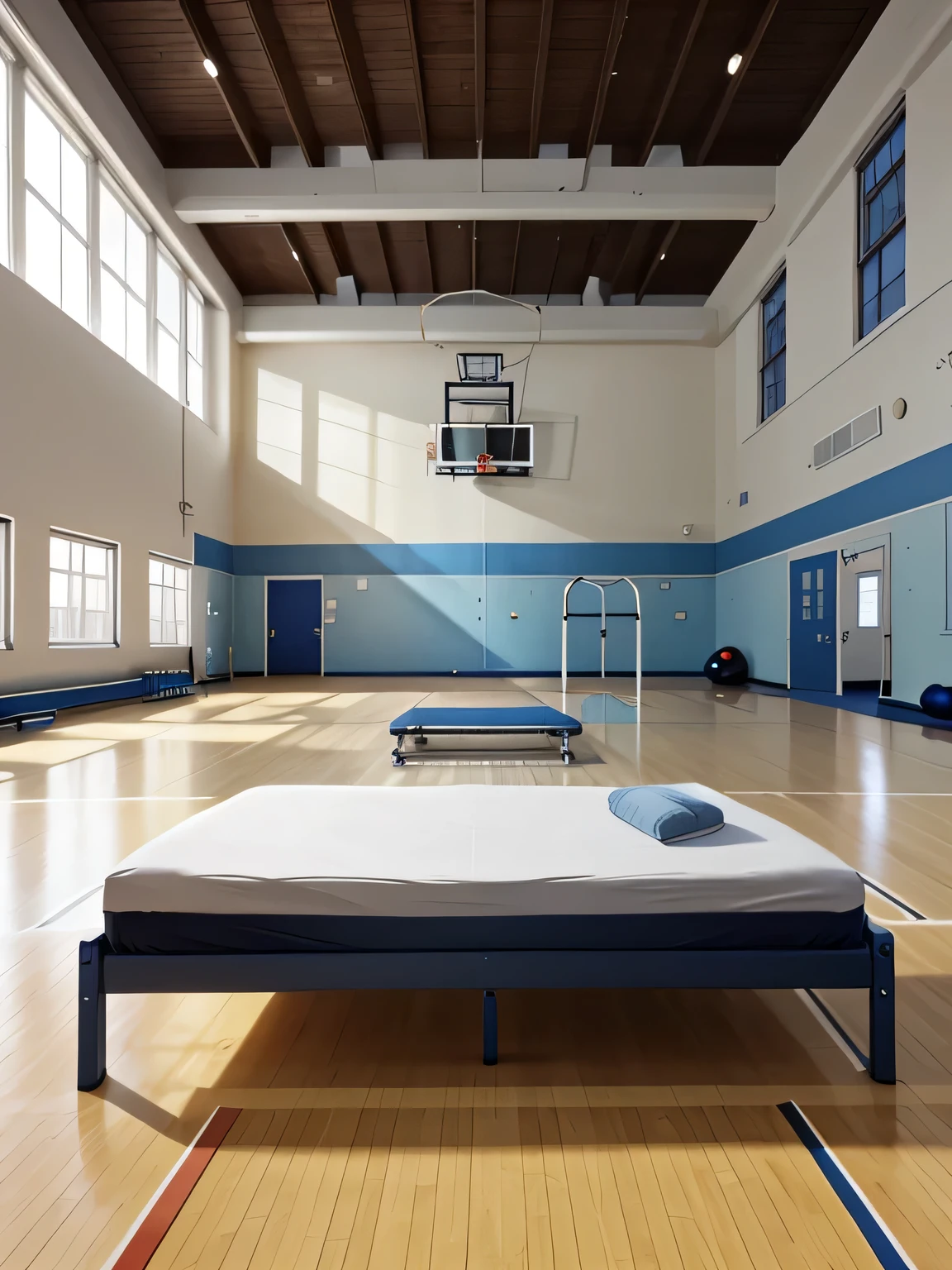 school gymnasium, (A bed in the middle of the gym:1.3), Nobody is here
