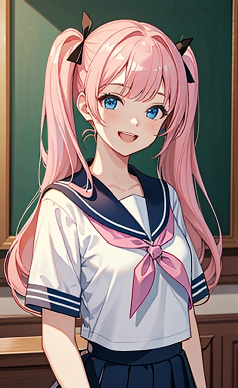 (masterpiece、top-quality、8k size wallpaper、offcial art)、(portrait,upper body)、(1girl),Open mouth happy grin,cute face,blue eyes、twintails、
,(stand),
,(sexy body),(sailor uniform,skirt),(long pale pink hair), (small breasts)、
、classroom,JK、