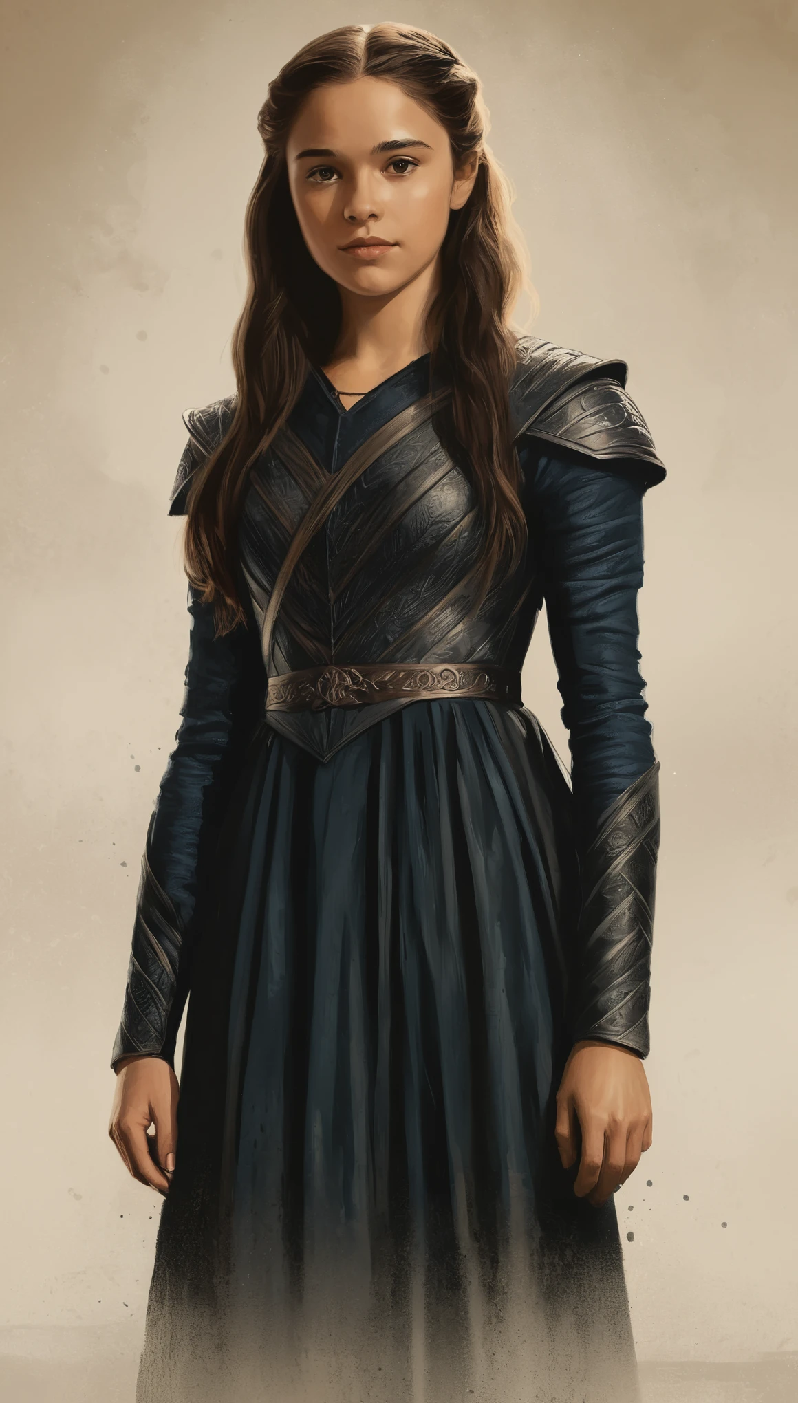 An illustrated movie poster, hand-drawn, full color, a young girl, wearing a regal black dress, warm brown complexion, dark hair, long loose hair, waist-length hair, posing on a pedestal, hard shadows, graphite shading, stencil marks, airbrushed acrylic paint, masterpiece, in the style of Game of Thrones