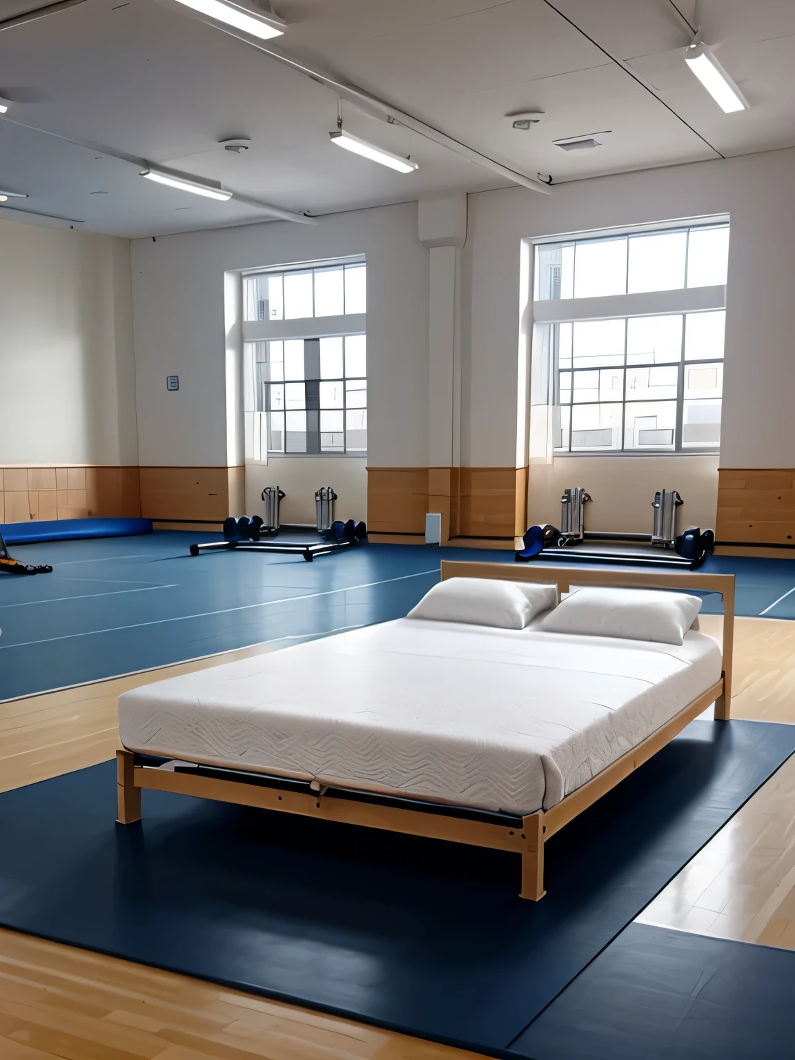 school gymnasium, (A bed in the middle of the gym:1.3), Nobody is here