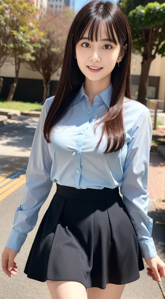 ((highest quality,8K,masterpiece:1.3)), Japanese, 26 year old female model,bangs、black haired、long hair、straight hair、Hair fluttering in the wind、(Light blue dress shirt),(black flared skirt:1.2),slim body shape、small breasts、laughter、The background is an empty park、
