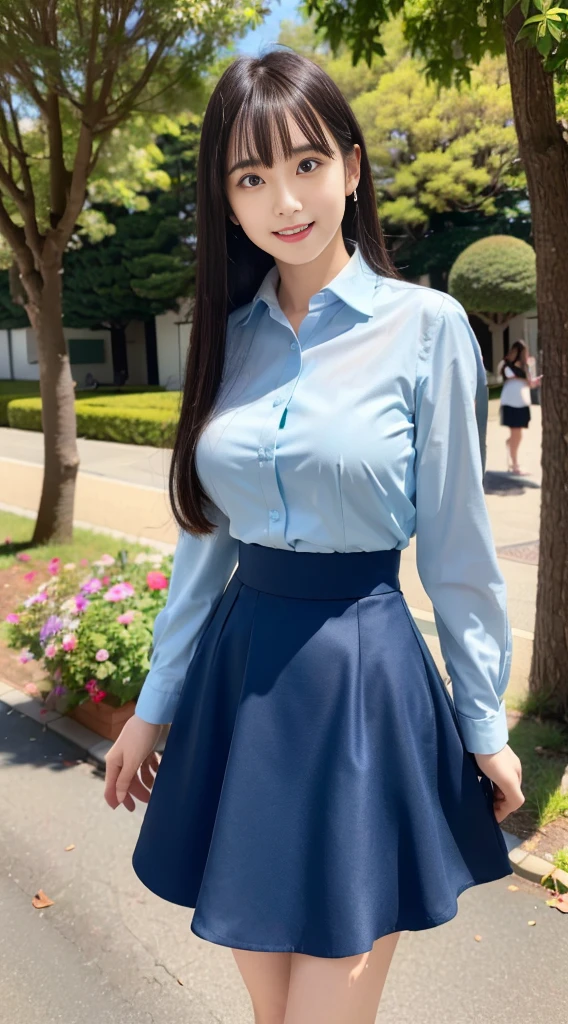 ((highest quality,8K,masterpiece:1.3)), Japanese, 26 year old female model,bangs、black haired、long hair、straight hair、Hair fluttering in the wind、(Light blue dress shirt）,（black flared skirt:1.2),slim body shape、small breasts、laughter、The background is an empty park、