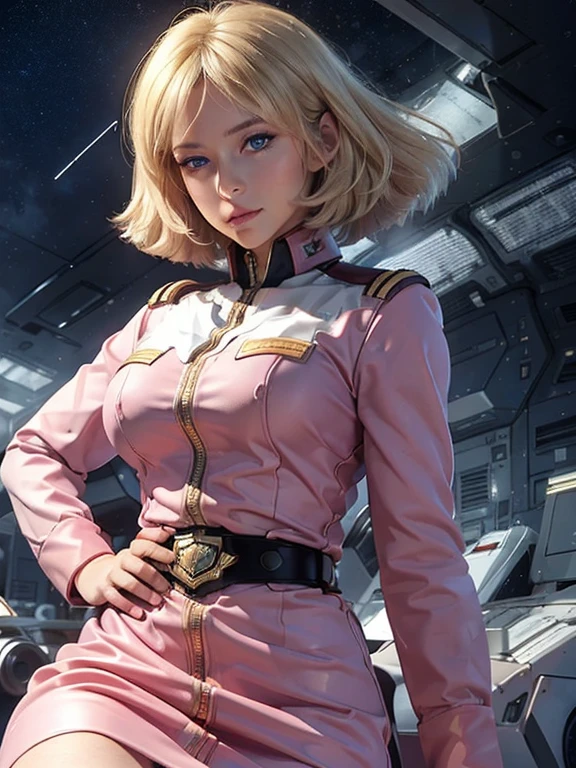 ((masterpiece、highest quality、realistic、super detailed、High resolution、Photoreal、sharp focus、photo-realistic、RAW photo、face light))、high brightness、bust shot、1 female、(cosmos:1.2)、(dark blue eyes)、blonde hair、strong gaze、growing eyes、((Pink Federation Uniform))、very detailed、Raw texture、Sayla Mass、Detailed depiction of hands