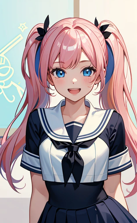 (​masterpiece、top-quality、8k size wallpaper、offcial art)、(portrait,upper body)、(1girl),Open mouth happy grin,cute face,blue eyes、twintails、
,(stand),
,(sexy body),(sailor uniform,skirt),(long fluorescence pink hair), (small breasts)、
、classroom,JK、