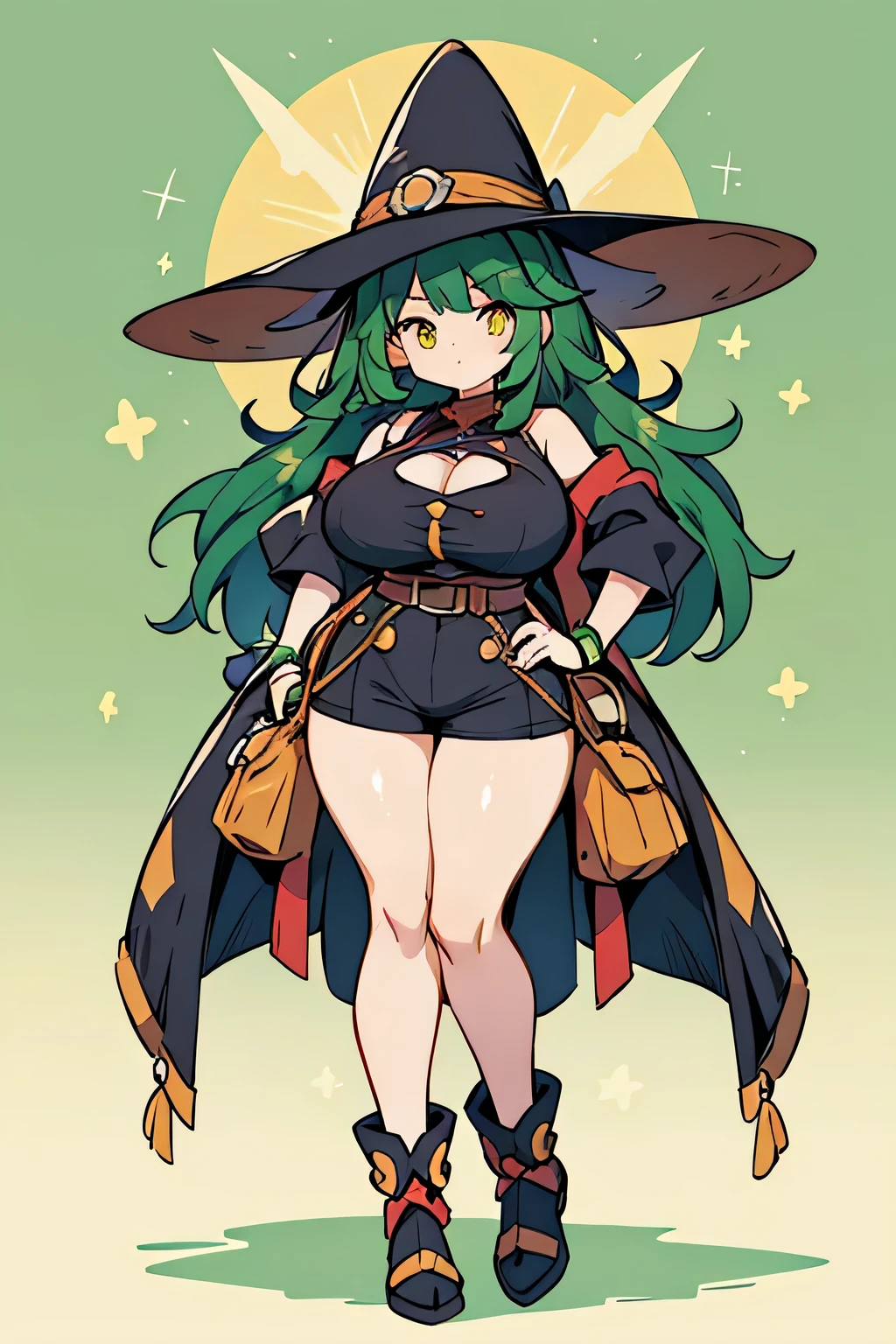 human gorillander pokemon; big breasts;full body;Gorylander Pokemon-inspired costume;female;black clothes;green hair;yellow eyes;drum;No background;background white;thick thighs
