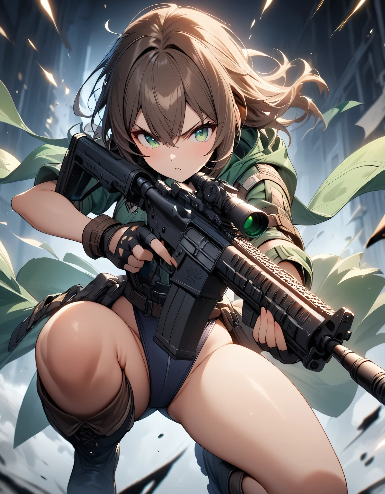 best quality, masterpiece, 1girl, solo, leotard, bare legs, boots, holding an assault rifle, dynamic action pose, brown hair, green eyes, fingerless gloves, black boots,