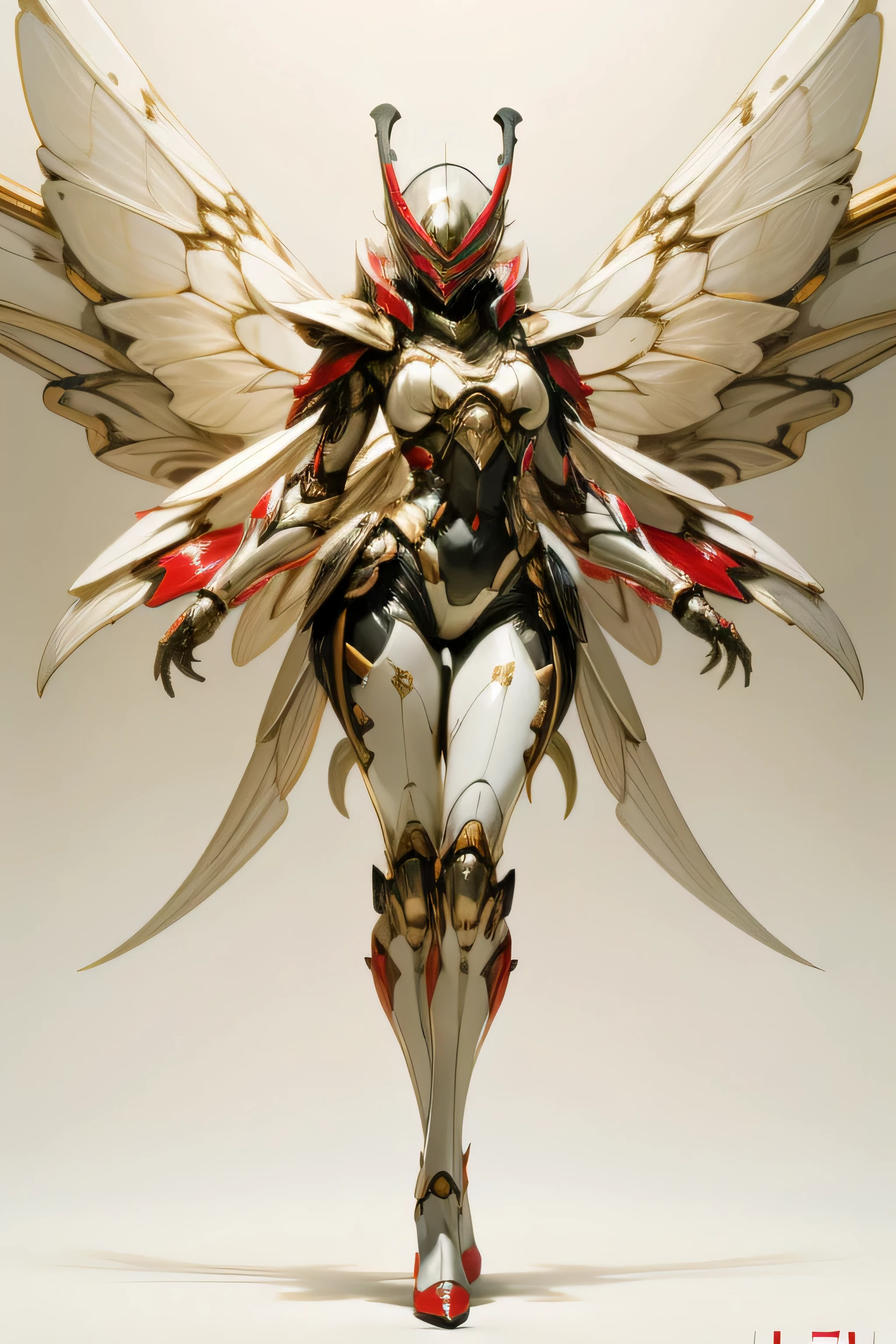 feminine insect humanoid, white moth wings, red and white color design、 faceless, giant insect, chitinous skin, big round eyes, human body style, Three Screen DnD Character、beautiful feet、big breasts、high heels, moth antennae、Overall image、Yamato Nadeshiko, glamorous body, alien, white and red body color, Japanese flag, Queen, fascinating thighs, high leg leotard, exquisite female body,