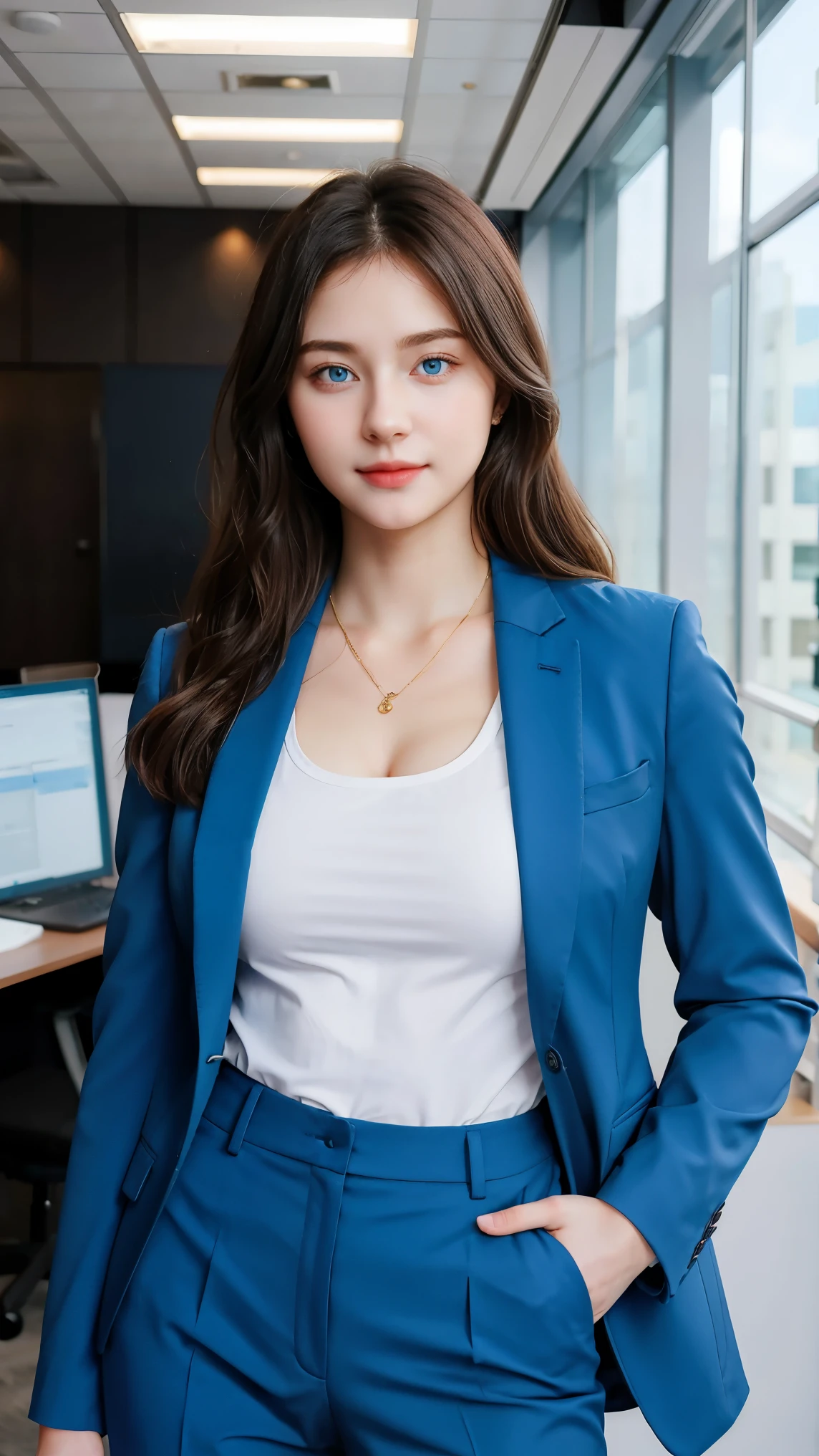 Gorgeus Girl, Beautiful, Baby Face, 20 Years Old, White Skin, Beside, Sexy Pose, business suits, Blue Eye, Muscles, Bokeh, Modern office Background, Masterpiece, Fullbody Shot, woman trousers, blazers