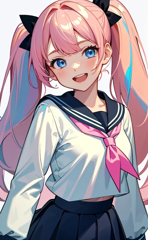 (​masterpiece、top-quality、8k size wallpaper、offcial art)、(portrait,upper body)、(1girl),Open mouth happy grin,cute face,blue eyes、twintails、
,(stand),
,(sexy body),(sailor uniform,skirt),(long fluorescence pink hair), (small breasts)、
、fluorescence、classroom,JK、