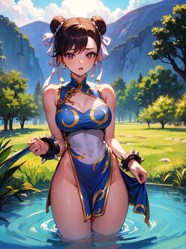 chun li, solo wearing bathing in the river, getting wet, having fun, no make-up, rural scenery, sunset,por do sol, sun lighting