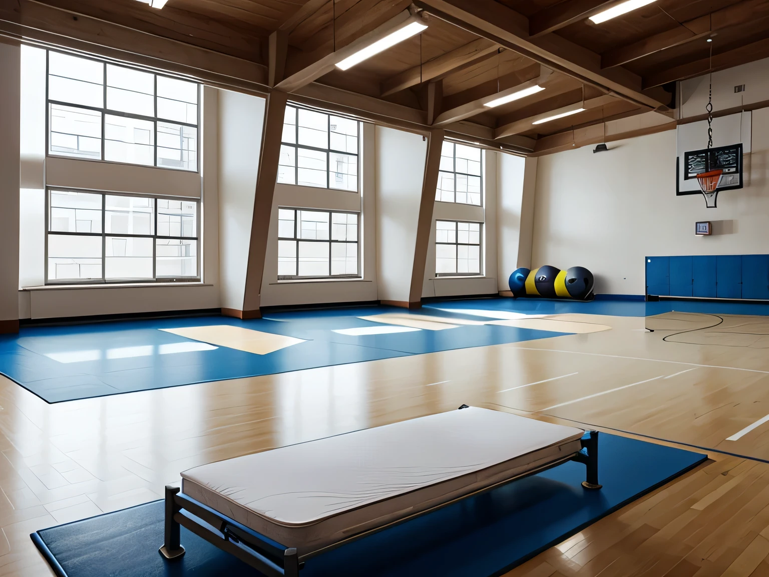 school gymnasium, (A bed in the middle of the gym:1.3), Nobody is here