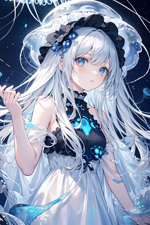 (Masterpiece, Best quality, ultra high resolution),1girl,(jellyfish girl,black jellyfish),beautiful and detailed face, detailed eyes,on a meadow, jellyfish flying in the air, night, starry sky,(grey and blue theme)