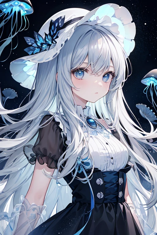(Masterpiece, Best quality, ultra high resolution),1girl,(jellyfish girl,black jellyfish),beautiful and detailed face, detailed eyes,on a meadow, jellyfish flying in the air, night, starry sky,(grey and blue theme)
