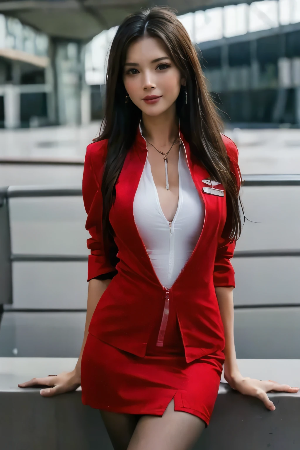 (masterpiece:1.2, highest quality:1.2), 32K HDR, High resolution, (alone, 1 girl), （Ultra-realistic portrait of an AirAsia stewardess in uniform）, neat woman, beautiful face, dark brown hair, (long hair down to waist), (red jacket:1.1, Unzipped jacket, unbuttoned white shirt:1.05, red mini skirt:1.1, pantyhose), perfect slim body:1.1, huge breasts, huge breastsの谷間, show cleavage、detailed skin texture, fine eyes, (smile:1.2), forward leaning posture:1.5、necklace、earrings、(Realistic airport, bright lighting),blue eyes、long shot