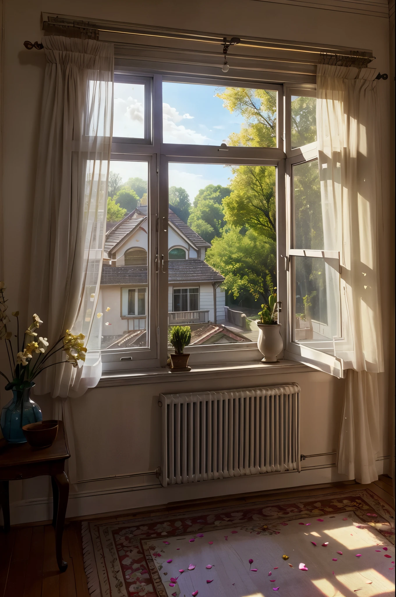 Outside the window is the window of the house next door, Residential area scene, Nostalgic atmosphere, calm atmosphere, kind world, smile, swaying curtains, nostalgia, dancing petals, The beauty of the light that shines through.