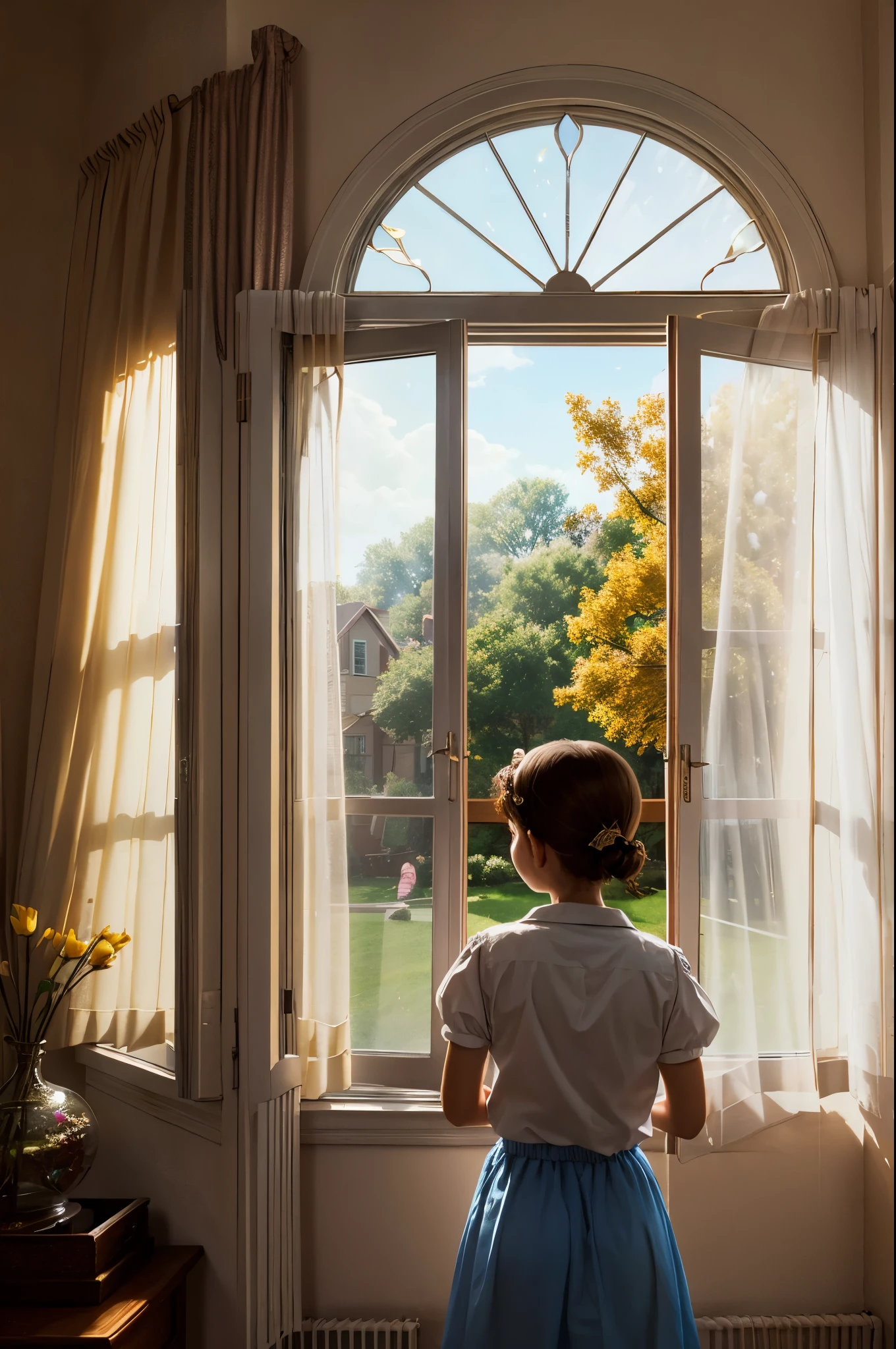 Outside the window is the window of the house next door, Residential area scene, Nostalgic atmosphere, calm atmosphere, kind world, smile, swaying curtains, nostalgia, dancing petals, The beauty of the light that shines through.