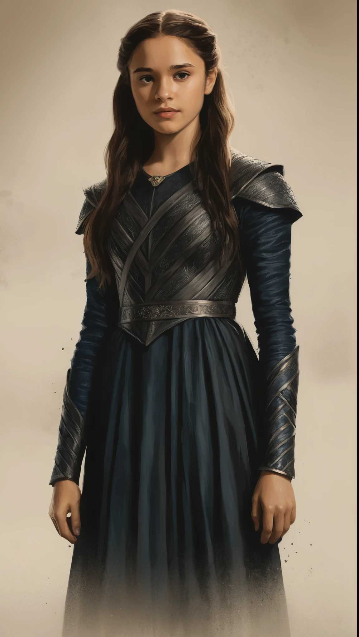 An illustrated movie poster, hand-drawn, full color, a young girl, wearing a regal black dress, warm brown complexion, dark hair, long loose hair, waist-length hair, posing on a pedestal, hard shadows, graphite shading, stencil marks, airbrushed acrylic paint, masterpiece, in the style of Game of Thrones