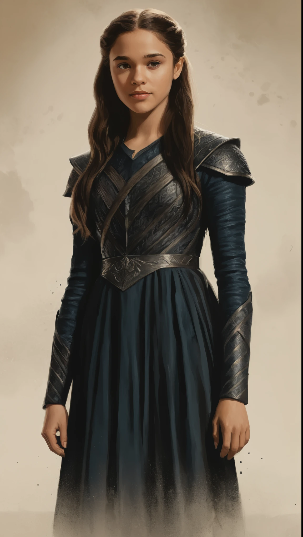 An illustrated movie poster, hand-drawn, full color, a young girl, wearing a regal black dress, warm brown complexion, dark hair, long loose hair, waist-length hair, posing on a pedestal, hard shadows, graphite shading, stencil marks, airbrushed acrylic paint, masterpiece, in the style of Game of Thrones