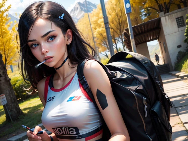 ultra high definition, ultra definition, best quality, masterpiece, highres, colorful, artstation, concept art, smooth, sharp focus, illustration, super detail, sport girl, smoking, holding a cigarette, 1girl, outdoor, mountain in background, trees, small hips, small breast, detailed face, delicate face, alone, pov, wide eyes, focus on face, selfie, (25 years old), walking, blue eyes, smoke