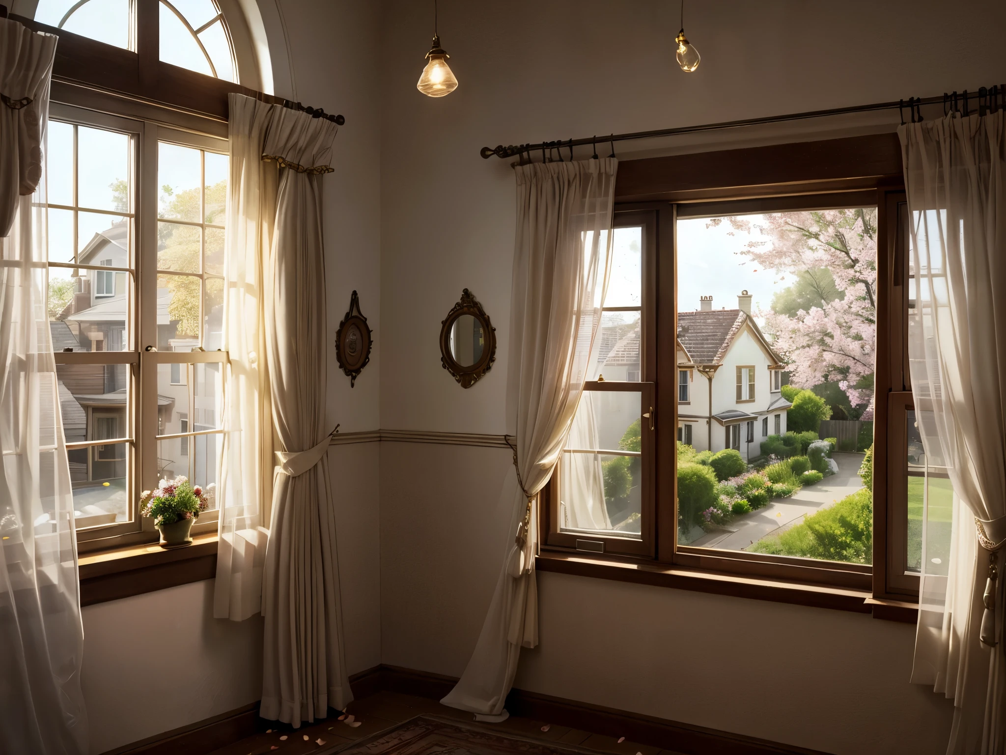 Outside the window is the window of the house next door, Residential area scene, Nostalgic atmosphere, calm atmosphere, kind world, smile, swaying curtains, nostalgia, dancing petals, The beauty of the light that shines through.