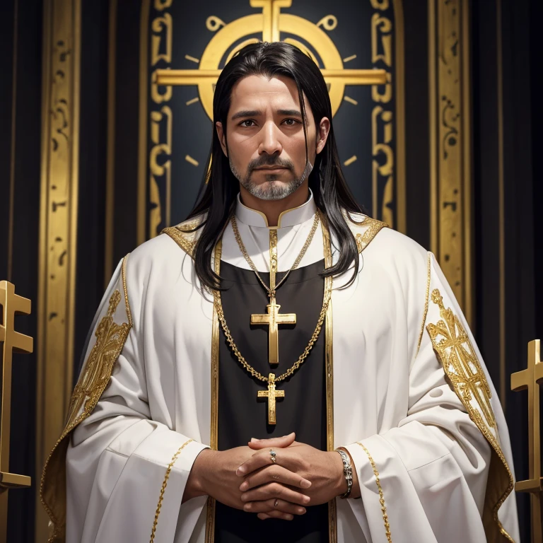 40-year-old man priests clothing with gold decorations a crucifix necklace hanging on his neck white habit no hat black hair brown eyes rings on his fingers looking forward looking at the viewer in a background of a church slim build muscular 