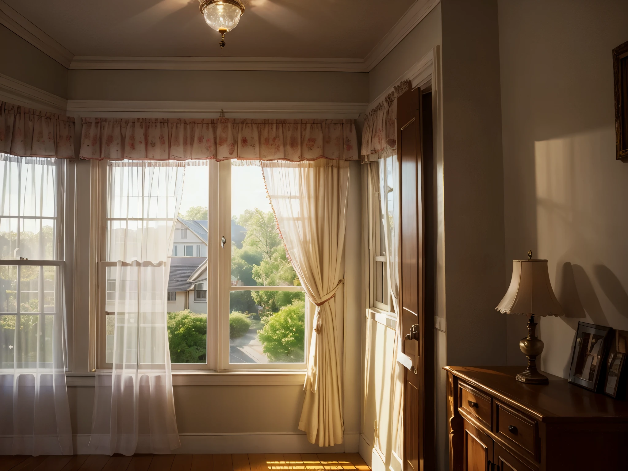Outside the window is the window of the house next door, Residential area scene, Nostalgic atmosphere, calm atmosphere, kind world, smile, swaying curtains, nostalgia, dancing petals, The beauty of the light that shines through.