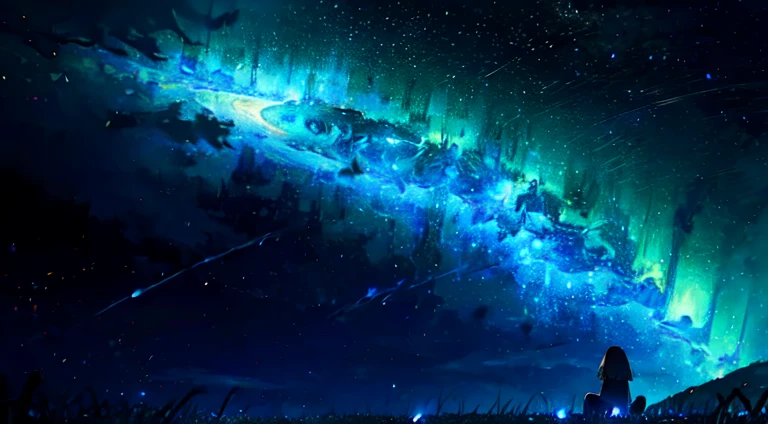 Background, galaxy, stars, blue, black, violet, explosions, girl sitting on grass looking at stars in night