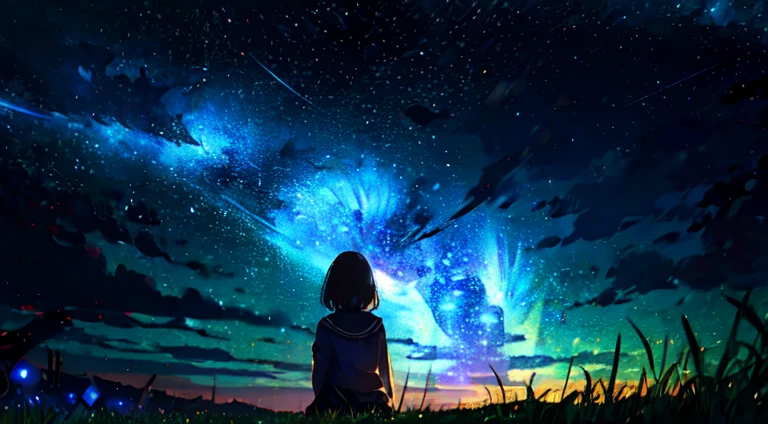 Background, galaxy, stars, blue, black, violet, explosions, girl sitting on grass looking at stars in night