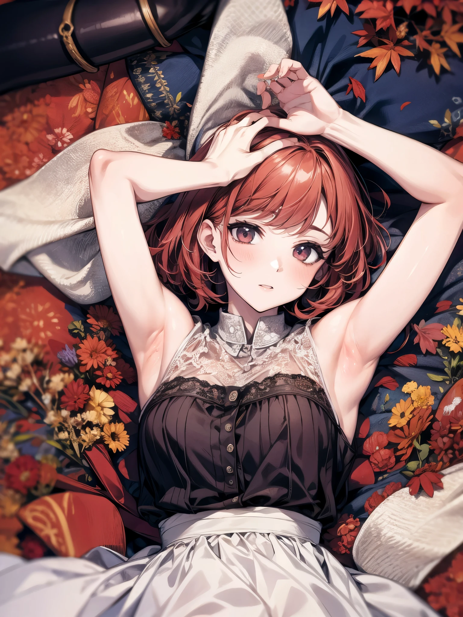 Angle from above:1.3,everyday scenery:1.3 Close-up、Red hair、bob cut hair、cute、autumn:1.3、collared shirt:1.3、、skirt(((Highest image quality、High resolution、masterpiece、one woman)))、(((showing armpits:1.3)))、(((embarrassing:1.3、)))、(((cute)))、flower、lie on the bed