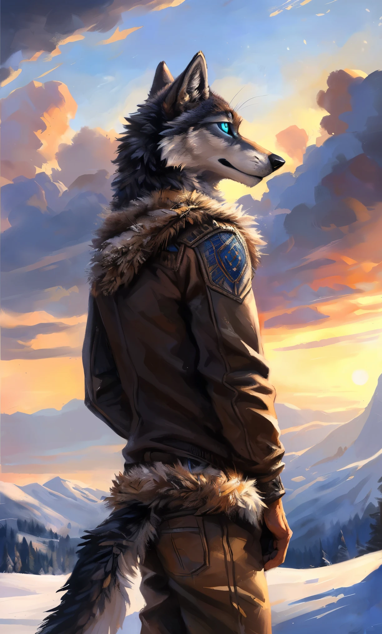 ((Solo)), male people, anthro wolf, (Multi-colored fur, White-brown:1.3，White tail pointed), (Height 2.1m,Tail length 1.2m), ((Wolf face, Big eyes, White eyelids, Blue pupil, Slim:1.2) (Tough, Calm expression:1.2)), Slim, pinging)), (Correct anatomy), (Winter clothing:1.1), The upper body  naked, (detailed outfits),A long big tail，Feet，(Realistic fur, Detailed fur texture, labeled:1.3)), (Natural lighting), Photorealistic, Hyperrealistic, ultradetailed, by Kenket，Snowfield，erect through，Running on