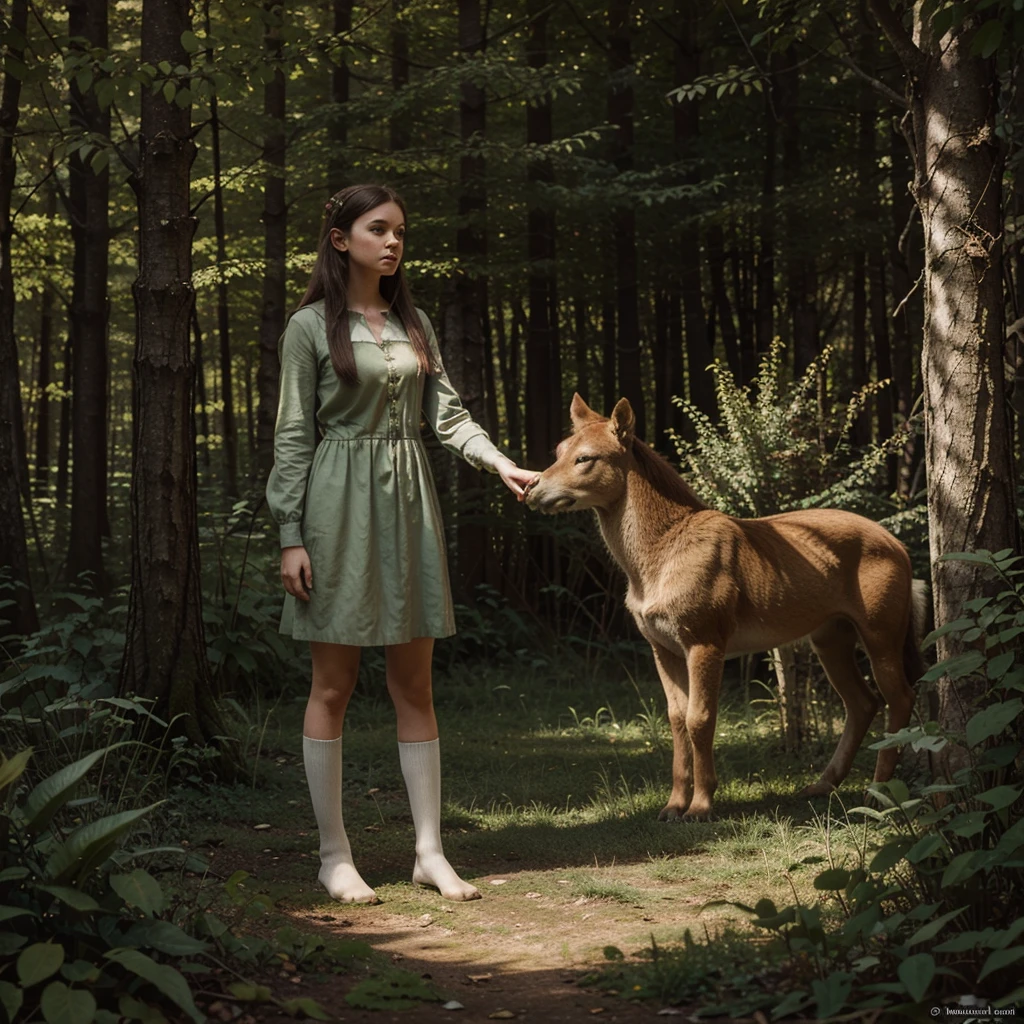 Illustration for a fairy tale about a girl, standing in the forest who can talk to animals