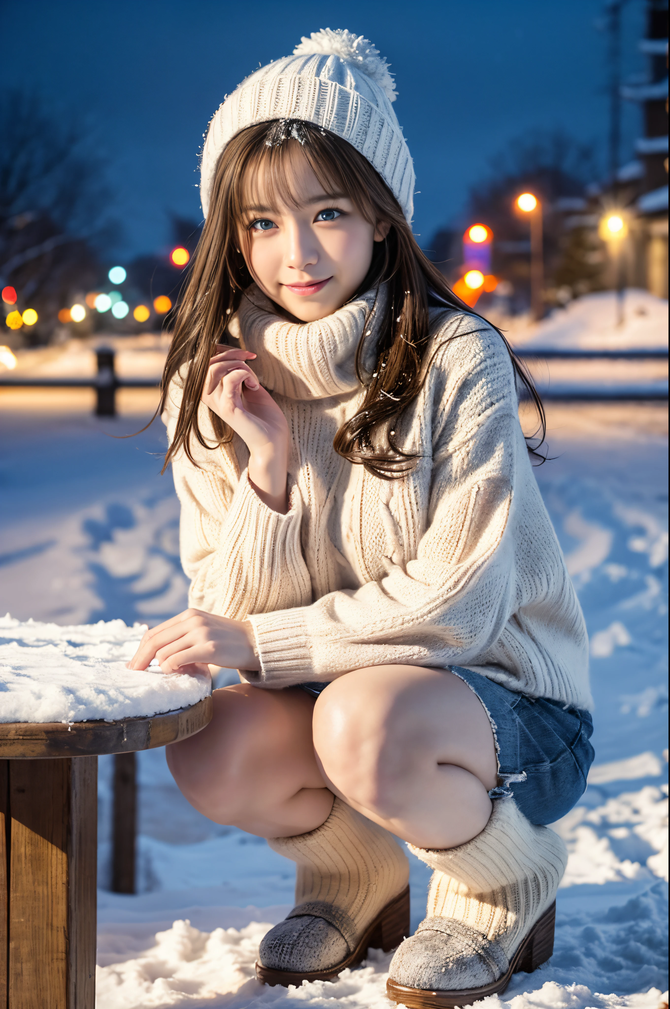 (on the table:1.3, realism:1.4, 8K), highest quality, masterpiece, ultra high resolution, perfect dynamic composition, Highly detailed skin and facial textures:1.3, detailed eyes, End details, winter, (it's snowing:1.2), Snowfall landscape at night:1.2, 1 girl, Cute sexy 20 year old slim woman, white skin, (Snow falls on your body and clothes:1.2), ((laughter:0.9, completely enchants you:1.0)), (Thick short coat and pink long sleeve mohair knit sweater:1.3, tweed mini skirt:1.1), ((crisp chest:1.05)), boots, (facing there, bend your knees and squat on the snow), (beautiful blue eyes, Feel those beautiful erotic eyes:0.85), sensual face:0.4, (Beautiful and erotic taste:0.85), ((Very cute beauty:0.9))