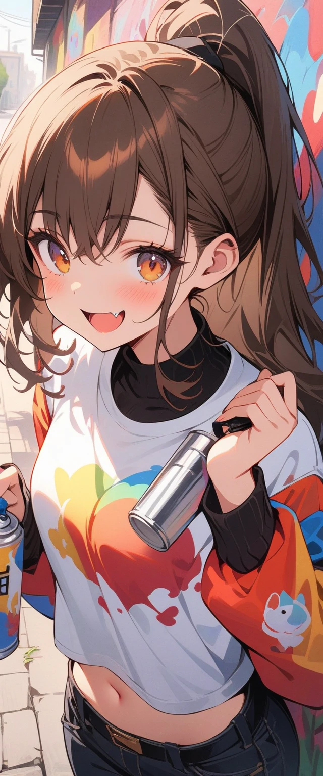 best quality, High resolution, distinctive image, best quality, High resolution, distinctive image, original characters, Natural volumetric lighting and optimal shadows, deep depth of field, sharp focus, Stunning beautiful girl portrait, soft, Beautifully, Beautiful and charming face and charming eyes, cute small breasts, sharp eyeliner, smile, open mouth，Show cute fangs, Brown hair is messy due to wind, Thick Layered Medium Ponytail Hairstyle, thick eyelashes blush eyeshadow, open lips, apple jack hat, Oversized Pop Art Jacket, slim waist，open navel, Buckled waistband jeans, (Messy painted car body:1.05), (Holding a spray paint can:1.1), (Graffiti mural wall background:1.15), (Stand on a narrow city street playing crossword puzzles:1.2), (best quality, stunning details:1.4), masterpiece, bloom, picturesque, colorful paintings