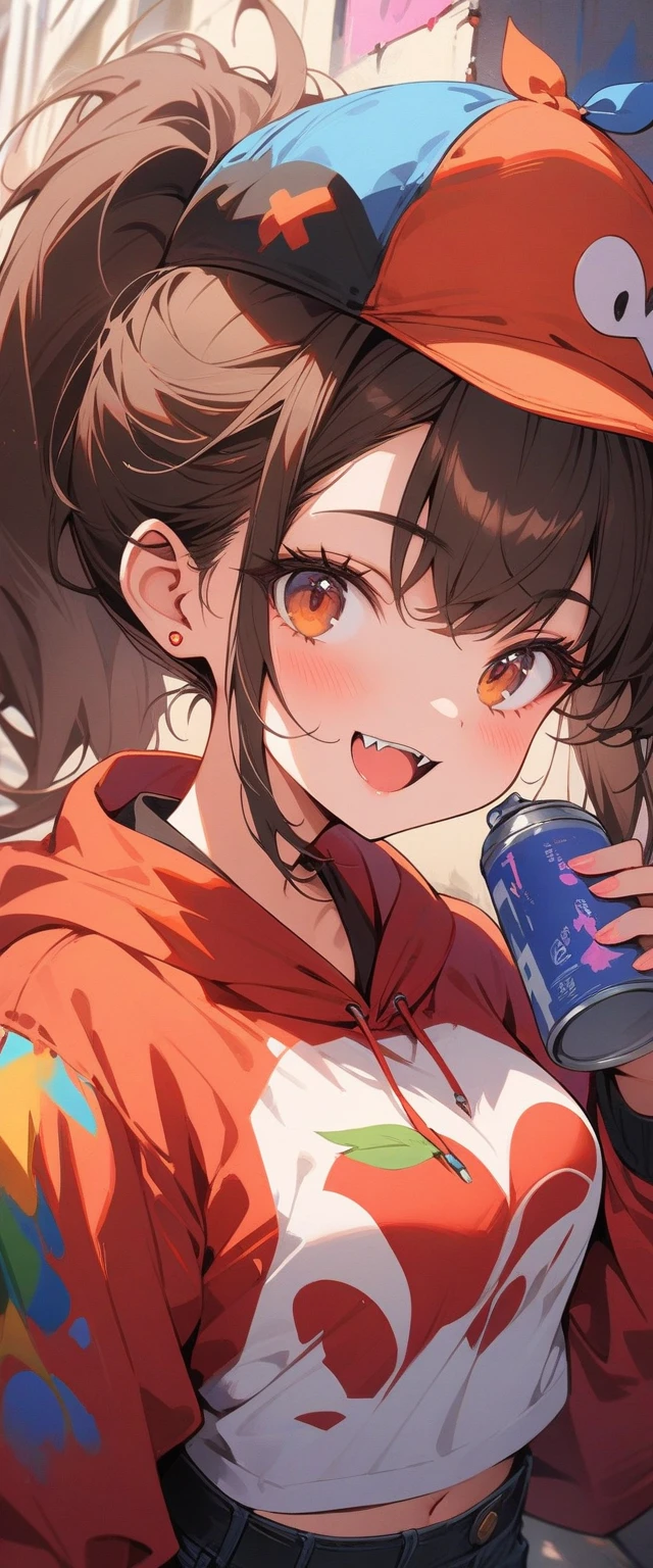 best quality, High resolution, distinctive image, best quality, High resolution, distinctive image, original characters, Natural volumetric lighting and optimal shadows, deep depth of field, sharp focus, Stunning beautiful girl portrait, soft, Beautifully, Beautiful and charming face and charming eyes, cute small breasts, sharp eyeliner, smile, open mouth，Show cute fangs, Brown hair is messy due to wind, Thick Layered Medium Ponytail Hairstyle, thick eyelashes blush eyeshadow, open lips, apple jack hat, Oversized Pop Art Jacket, slim waist，open navel, Buckled waistband jeans, (Messy painted car body:1.05), (Holding a spray paint can:1.1), (Graffiti mural wall background:1.15), (Stand on a narrow city street playing crossword puzzles:1.2), (best quality, stunning details:1.4), masterpiece, bloom, picturesque, colorful paintings