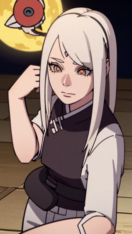 Masterpiece, Best quality, High accuracy, 1girl, Single, Kocho Shinobu, Sharp, light white eyes with a Sharingan , White hair, long hair , Parted bangs, Black pants, Black jacket, robin&#39;s hair, Akama, Kunoichi, M. Long, belt,, forest, a night, Moon, calm smile, Naruto 