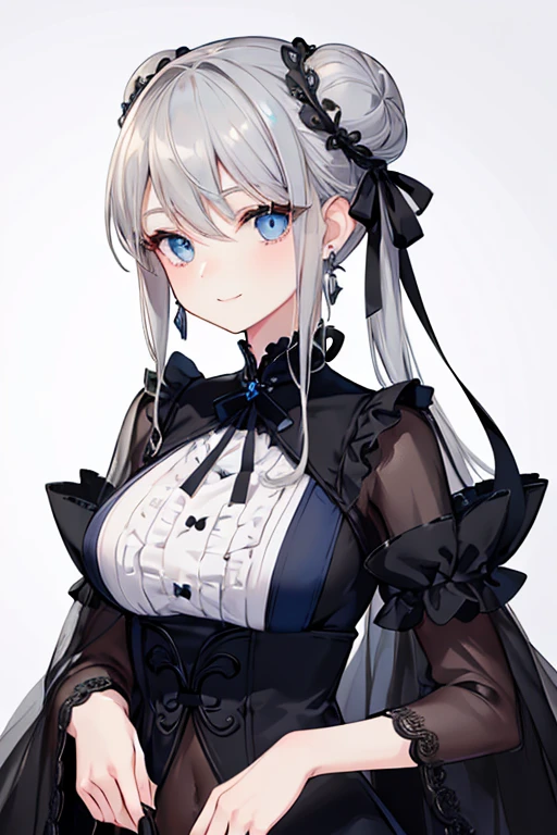 ((beautiful elegant girl)), blue big eyes, 1 and slender woman, slightly bigger breasts, ((Gray hair)),((black ribbon twin bun hair,)),In 8K, top quality, (highly detailed head: 1.0), (very detailed face: 1.0), (highly detailed hair: 1.0),((black idol style costume)、jewelry earrings, Detailed official artwork, clean detailed anime art,(gentle smile),