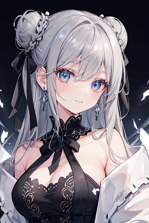 ((beautiful elegant girl)), blue big eyes, 1 and slender woman, slightly bigger breasts, ((Gray hair)),((black ribbon twin bun hair,)),In 8K, top quality, (highly detailed head: 1.0), (very detailed face: 1.0), (highly detailed hair: 1.0),((black idol style costume)、jewelry earrings, Detailed official artwork, clean detailed anime art,(gentle smile),