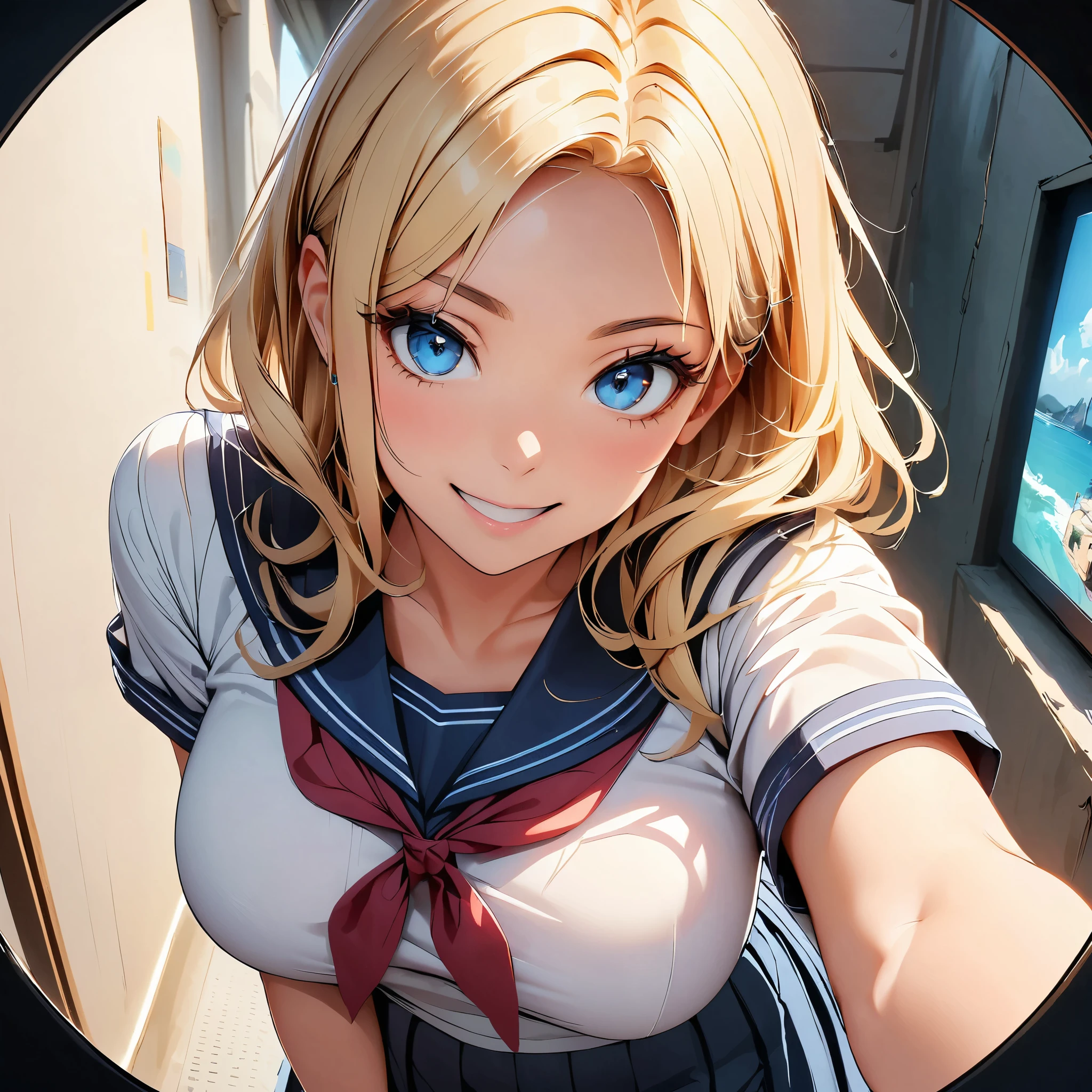 The view from the peephole, Realistic young woman with blonde hair(length to shoulder), blue eyes and big breasts. She is smiling at the viewer, sailor suit, pleated skirt. Screen vignetting, wide angle shot, The corners of the screen are blackened., There is a thrilling feeling when watching through a peephole..