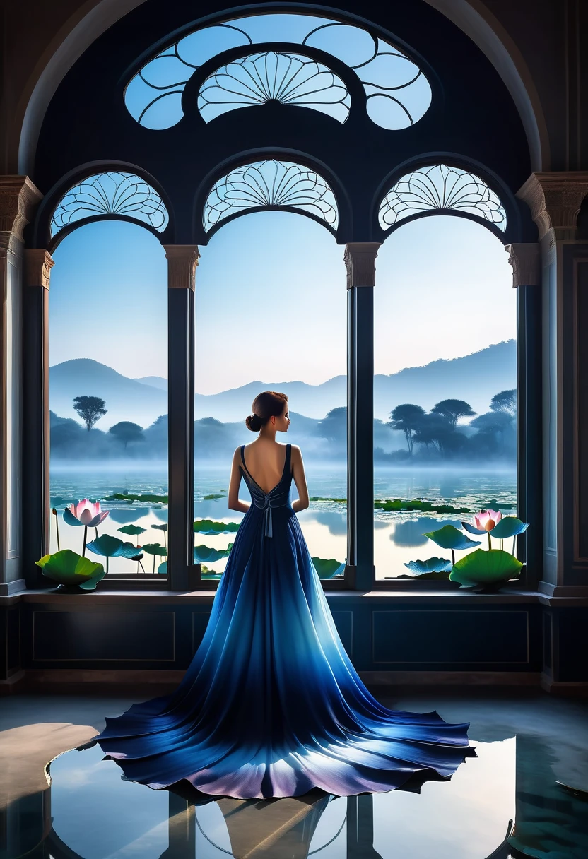 beautiful dark room，There is a big window,  The scenery outside the window，(Looking out from the window:1.5)，Roman style windows，An elegant woman wearing a blue gradient dress standing by the window.  A large lotus pond outside the window, creating a surreal ambiance.  Inspired by concept artist Mobius, The color has a strong contrast between light gray and dark navy blue, Create a sense of mystery.