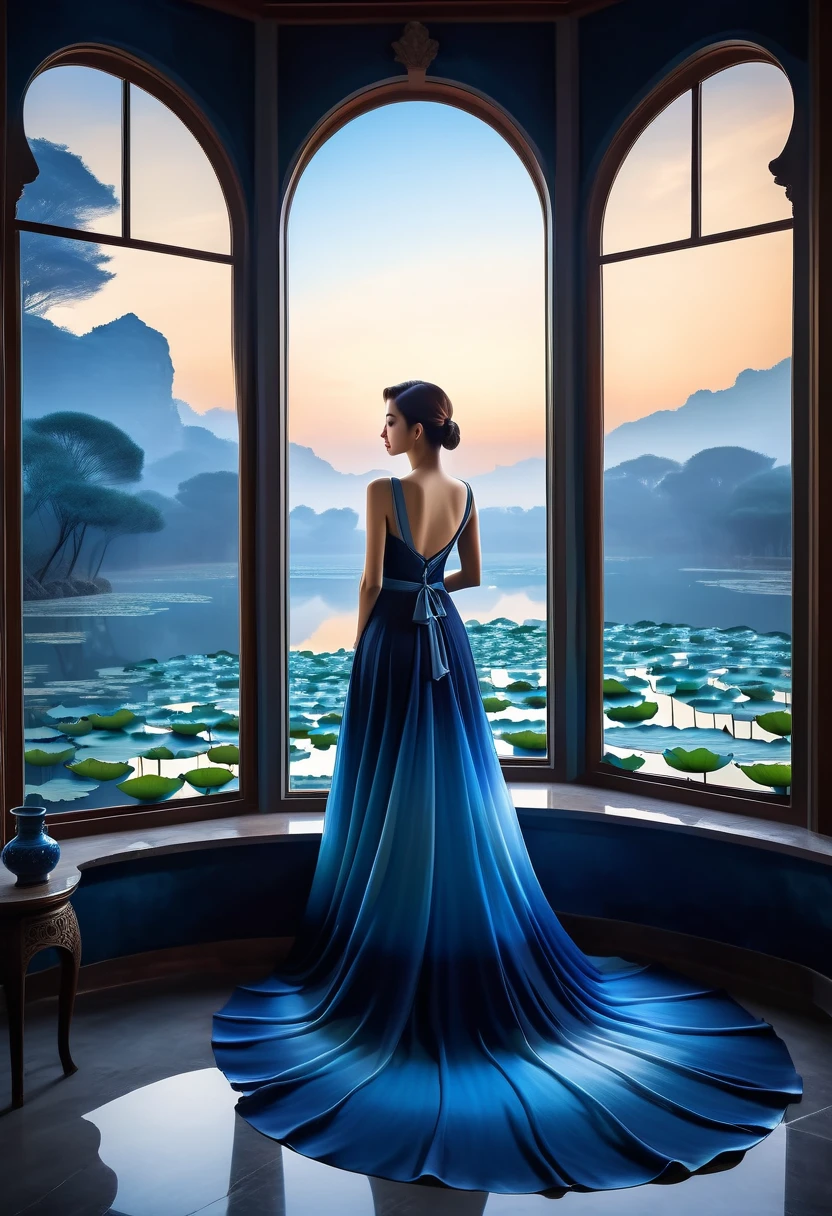 beautiful dark room，There is a big window,  The scenery outside the window，(Looking out from the window:1.5)，Roman style windows，An elegant woman wearing a blue gradient dress standing by the window.  A large lotus pond outside the window, creating a surreal ambiance.  Inspired by concept artist Mobius, The color has a strong contrast between light gray and dark navy blue, Create a sense of mystery.